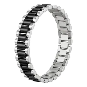 Elegant two-tone black and silver stainless steel link bracelet for men and women