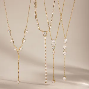18K Gold Plated Stainless Steel Zirconia Y-Shaped Necklace Geometric Lariat Pendant Classic Fashion Jewelry For Women