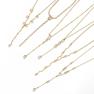 Classic minimalist 18k gold plated stainless steel Y-necklace set with clear zircon stones