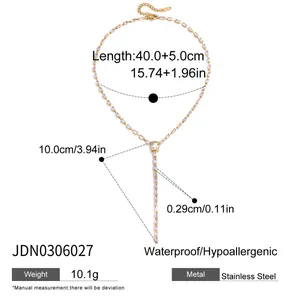 Detail view of gold-plated stainless steel Y-necklace with size and weight specs