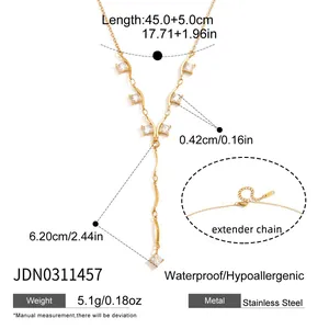 Detail view of 18k gold plated stainless steel y-necklace with zircon stones and dimensions