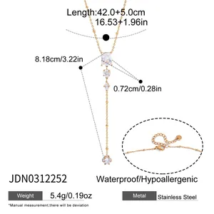 Detailed size chart of an 18k gold-plated stainless steel Y-necklace with cubic zirconia stones.