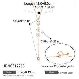 Dimensional view of 18k gold plated stainless steel Y-necklace with zircon.