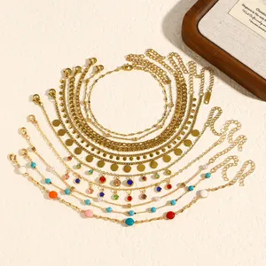 Set of bohemian gold stainless steel anklets with colorful enamel beads and round discs