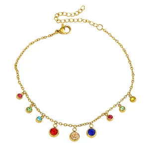 Detailed view of a gold stainless steel anklet with colorful round crystal charms.