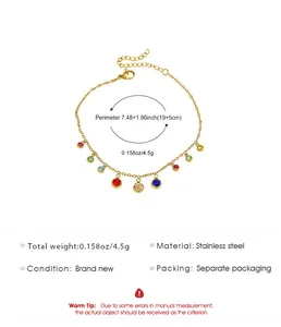 Detail view of a colorful stainless steel anklet showing dimensions and material specs