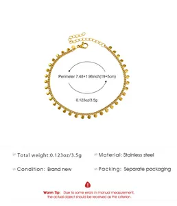 Detailed size and material specs for gold stainless steel anklet with disc charms.
