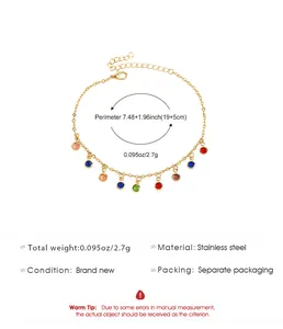 Detailed view of colorful stainless steel anklet with size and weight specifications