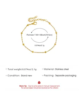 Detailed view of gold stainless steel beaded anklet with size and weight parameters