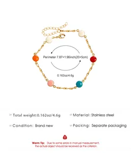 Detail view of colorful enamel bead anklet with stainless steel size parameters