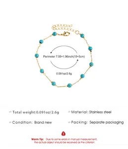 Detailed view of the turquoise bead stainless steel anklet showing dimensions and specs