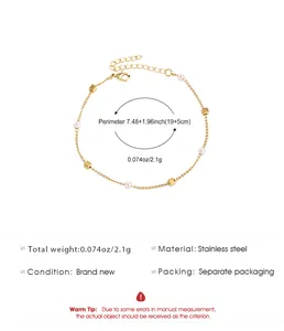 Golden stainless steel anklet with pearls showing detailed weight and size parameters