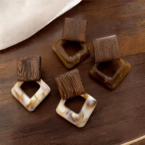 Vintage handcrafted wooden and marble resin earrings in hollow geometric square design