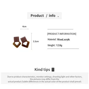 Detail of vintage geometric wood and acrylic dangle earrings with product measurements