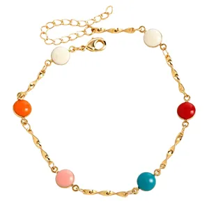 Detailed view of colorful enamel beads on a gold-plated stainless steel anklet.