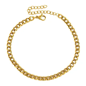 Detailed view of gold stainless steel cuban link anklet with adjustable extender chain