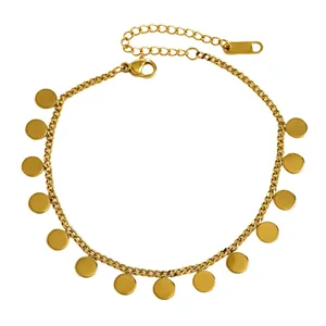 Gold-plated stainless steel anklet featuring multiple flat circular disc charms.