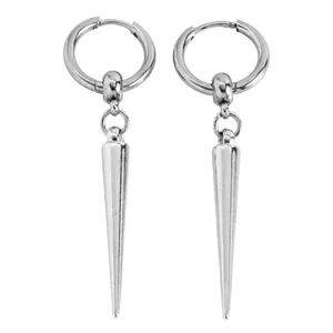 Close-up detail of silver stainless steel spike hoop earrings in punk gothic style