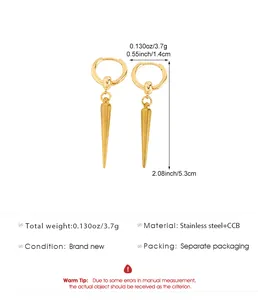 Detail view of gothic punk gold spike hoop earrings including full measurements and specs
