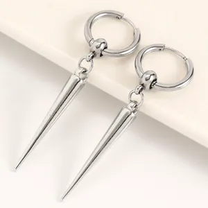 Detailed close-up view of silver stainless steel gothic spike rivet drop earrings
