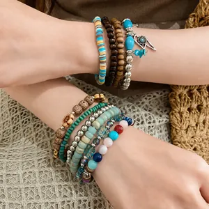Bohemian Retro Multilayer Beaded Bracelet Set Wood Stone Leather Coconut Shell Flower Leaf Feather Elastic Jewelry For Women