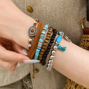 Retro bohemian multi-layer elastic bracelet set with leather wood and turquoise stone beads