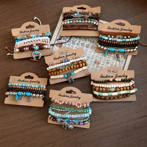Bohemian vintage leather wood and turquoise stone beaded multi-layer bracelet sets