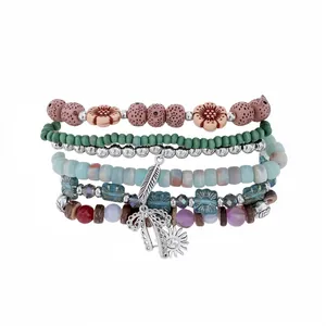 Bohemian multi-layer beaded bracelet set with flower and leaf charms for women gift