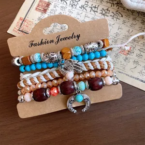 Detailed close-up view of a retro bohemian leather wood stone beaded bracelet set