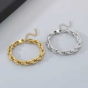 Pair of chunky stainless steel twisted rope chain bracelets in gold and silver finish