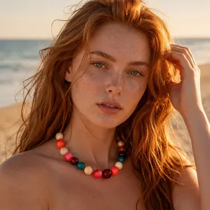 Lebendige handgefertigte bunte Perlenkette im Boho-Stil, getragen am sonnigen Strand
