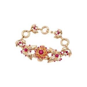 Vintage golden floral bracelet with pink rhinestones, elegant clasp wrist jewelry for women