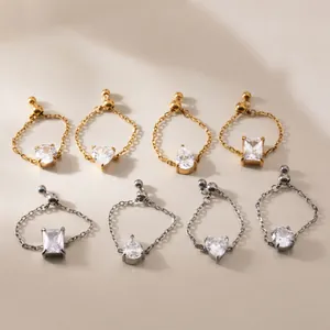 Minimalist Stainless Steel Zirconia Adjustable Chain Ring For Women Water Drop Heart Round Square Pendant Finger Jewelry Gift