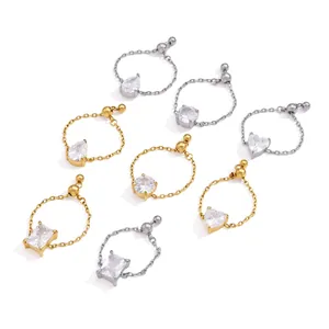 Adjustable stainless steel chain rings featuring pear, round, heart, and square zircon stones