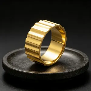 Close-up of industrial 9mm gold titanium steel ring with vertical gear texture detail.