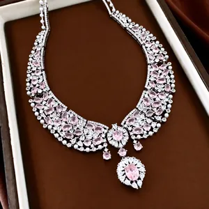 Elegant high-end luxury silver needle zircon and pearl waterdrop pendant necklace set for women