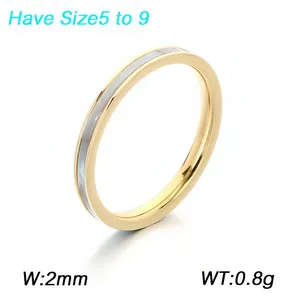 French minimalist 2mm gold stainless steel ring with white shell inlay