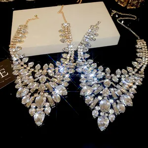 Detailed view of two luxurious sparkling crystal choker necklaces for banquet parties.