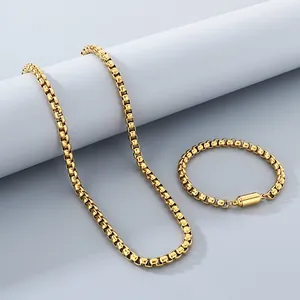 Gold-tone stainless steel box chain necklace and bracelet set featuring magnetic clasps
