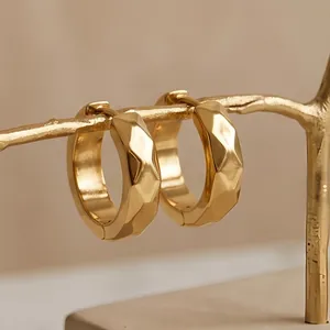 Elegant 13mm geometric faceted gold hoop earrings crafted from premium titanium steel for unisex