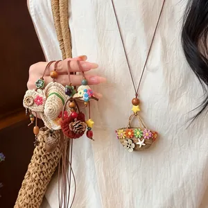 Bohemian Handmade Woven Straw Hat Pendant Necklace For Women Summer Vacation Beaded Floral Wood Coconut Shell Necklace Gift