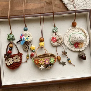 Handmade crochet straw hat beaded necklace set for women, summer beach vacation style design