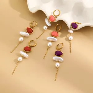 18K gold plated stainless steel tassel earrings with colorful acrylic and pearls