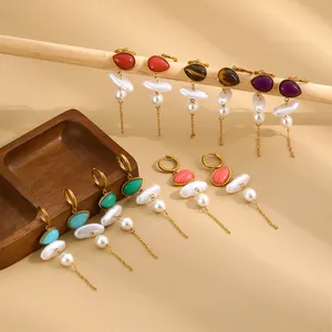 Colorful boho drop earrings with pearls and 18K gold plated stainless steel tassels.