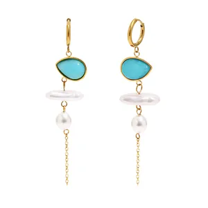 18K gold-plated stainless steel tassel earrings with pearls and blue acrylic drops.