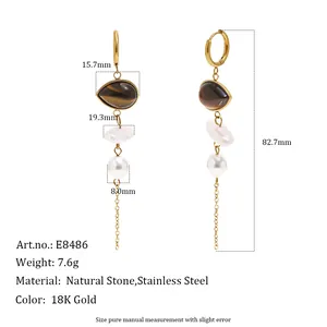 Stainless steel 18K gold plated tassel earrings with natural stones and dimensions
