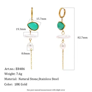 Detail view of 18K gold plated stainless steel fringe earrings with size specifications