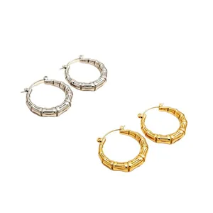 Stylish 18K gold plated stainless steel bamboo textured hoop earrings in gold and silver
