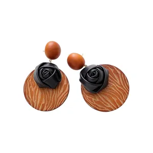 Vintage Bohemian wood rose stud earrings with black floral and grain circle design