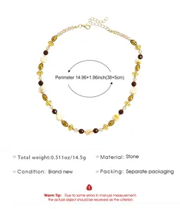 Detailed view of Maillard style tiger eye stone necklace with dimensions and material specs.